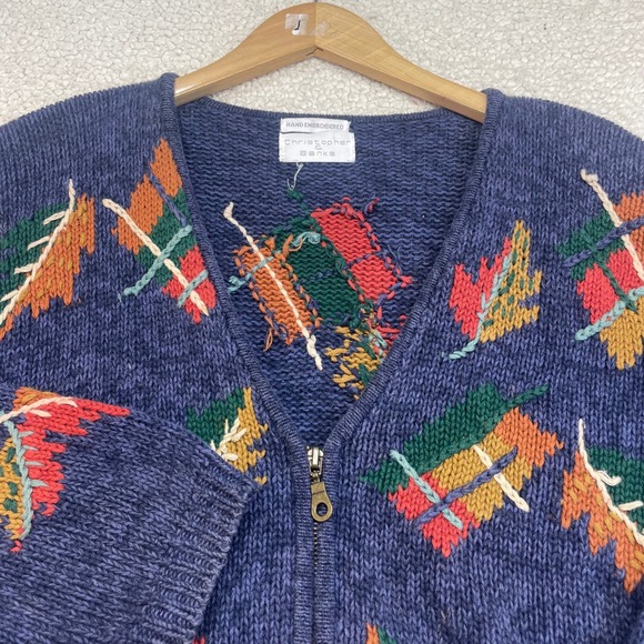 Christopher & Banks Sweaters - Christopher & Banks Cardigan Womens L Blue Leaf Embroidered Zip Up Sweater Knit